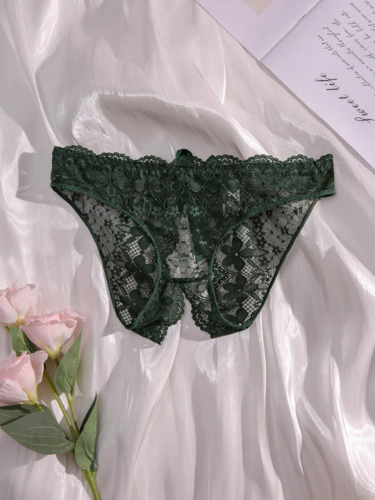 Floral Lace Bow Decor Crotchless Panty