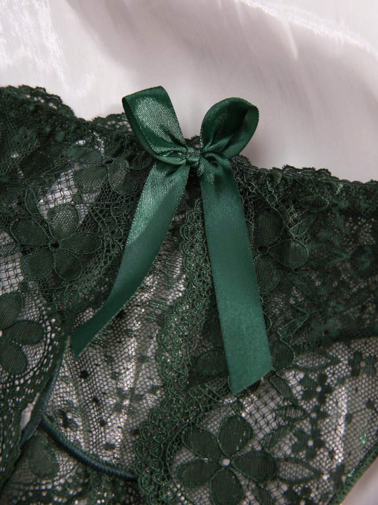 Floral Lace Bow Decor Crotchless Panty
