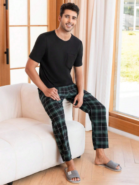 Men Plaid Print PJ Set