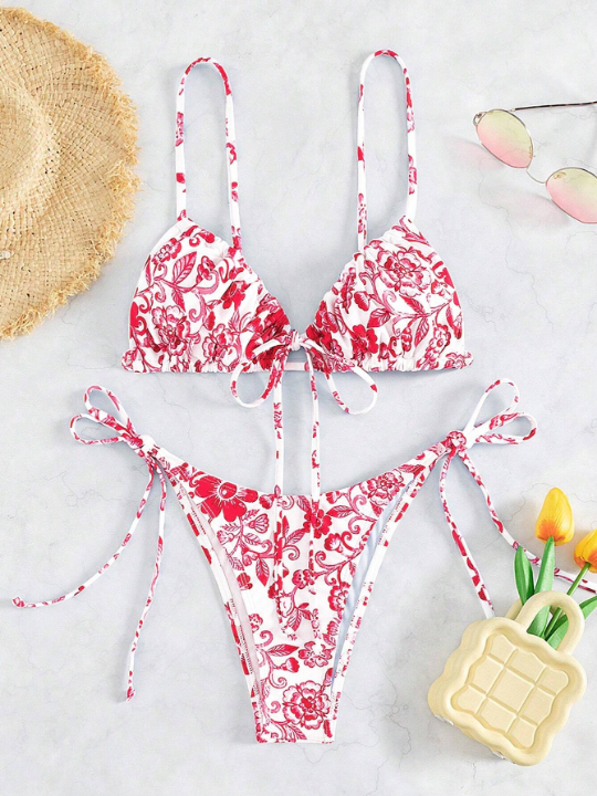 Swim BohoFeel Floral Print Frill Trim Tie Side Bikini Swimsuit