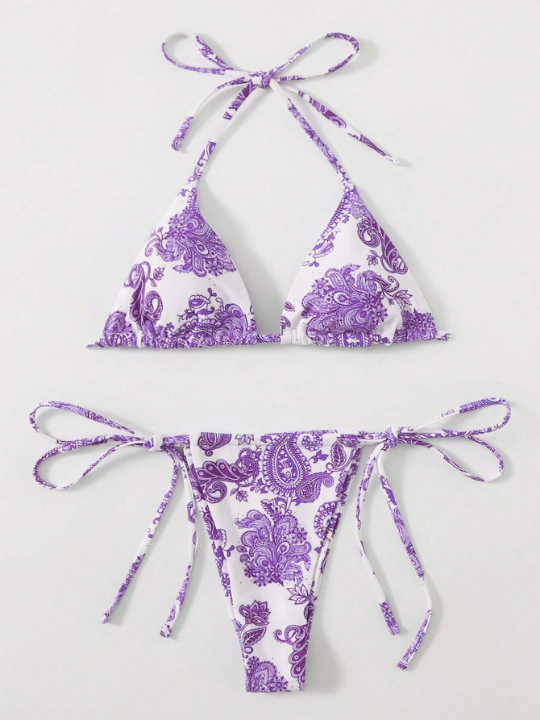 Paisley Print Halter Triangle Bikini Swimsuit