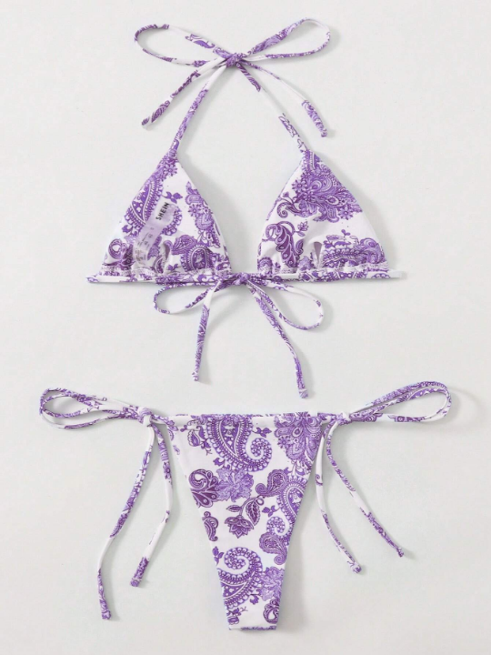 Paisley Print Halter Triangle Bikini Swimsuit