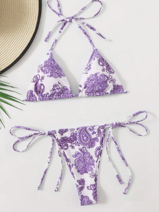 Paisley Print Halter Triangle Bikini Swimsuit