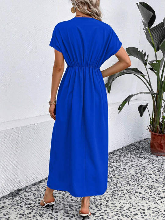 Solid Plunging Neck Fold Pleated Detail Dress