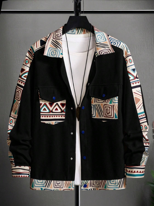 Manfinity Homme Loose Fit Men's Geometric Printed Drop Shoulder Flap Pocket Jacket