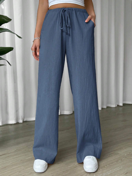 EZwear Linen Drawstring Waist Slant Pocket Wide Leg Pants