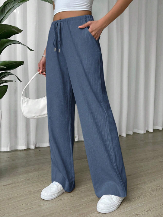 EZwear Linen Drawstring Waist Slant Pocket Wide Leg Pants