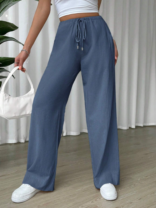 EZwear Linen Drawstring Waist Slant Pocket Wide Leg Pants