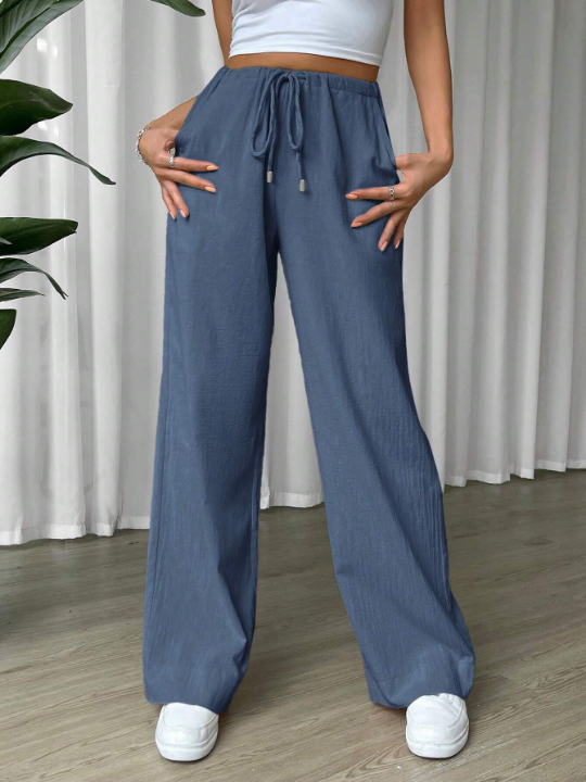 EZwear Linen Drawstring Waist Slant Pocket Wide Leg Pants