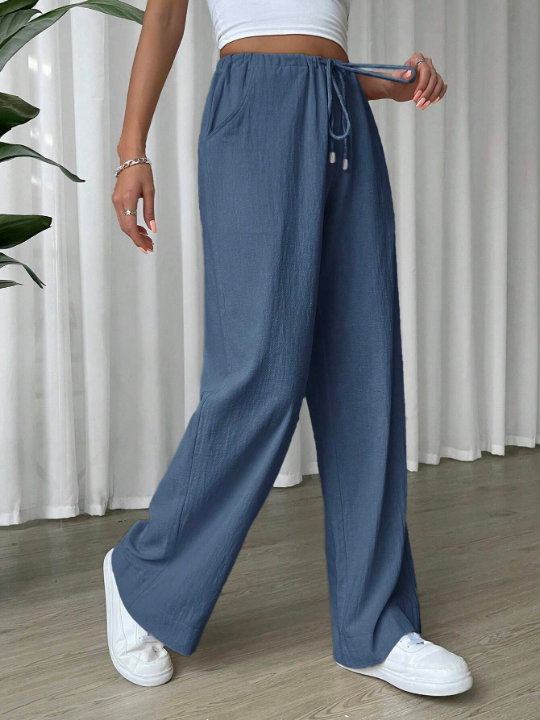 EZwear Linen Drawstring Waist Slant Pocket Wide Leg Pants