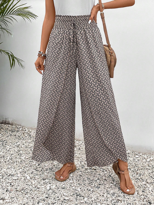 Frenchy Allover Print Knot Waist Tulip Hem Wide Leg Baggy Cross Over Pants