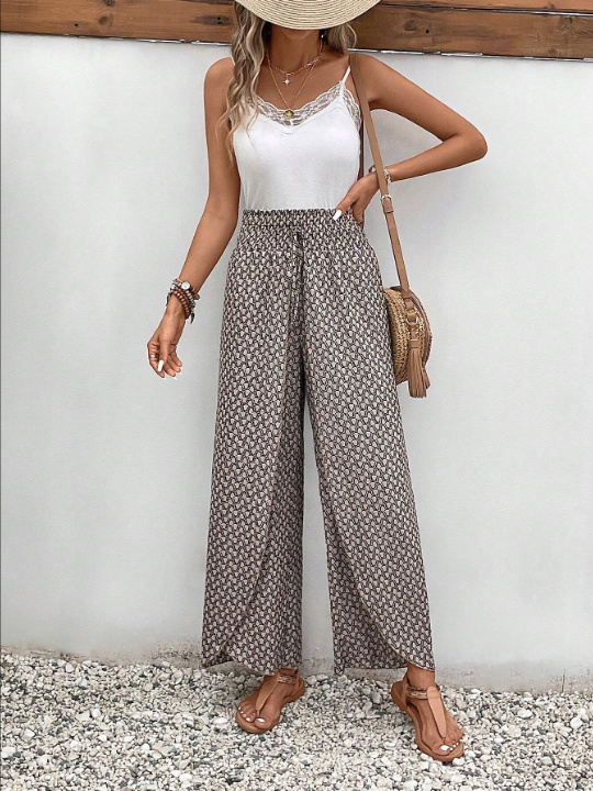 Frenchy Allover Print Knot Waist Tulip Hem Wide Leg Baggy Cross Over Pants