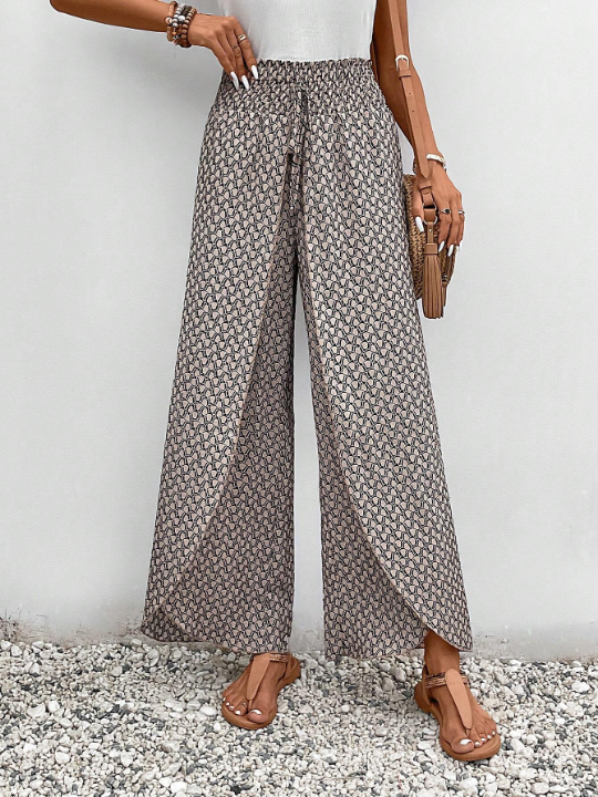 Frenchy Allover Print Knot Waist Tulip Hem Wide Leg Baggy Cross Over Pants