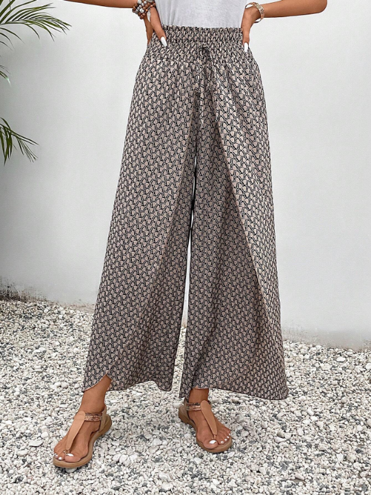 Frenchy Allover Print Knot Waist Tulip Hem Wide Leg Baggy Cross Over Pants