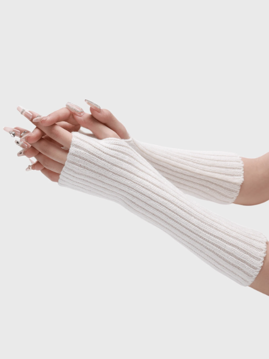 1 Pair Women's White Striped Knitted Arm Warmers With Faux Sleeves, Fashionable Knit Half-finger Gloves