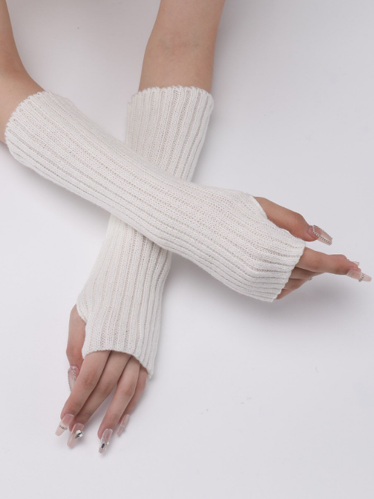 1 Pair Women's White Striped Knitted Arm Warmers With Faux Sleeves, Fashionable Knit Half-finger Gloves