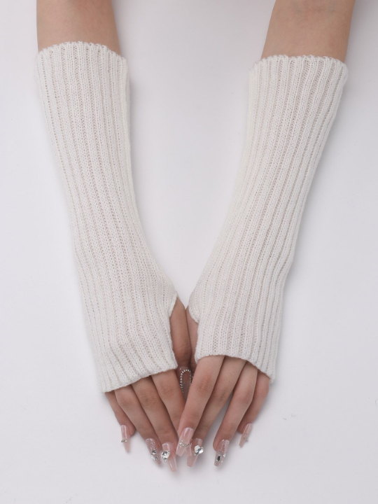 1 Pair Women's White Striped Knitted Arm Warmers With Faux Sleeves, Fashionable Knit Half-finger Gloves