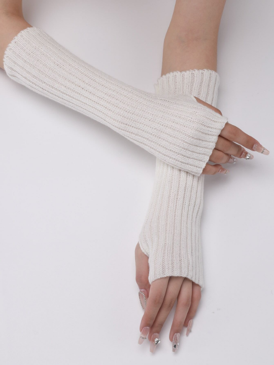 1 Pair Women's White Striped Knitted Arm Warmers With Faux Sleeves, Fashionable Knit Half-finger Gloves