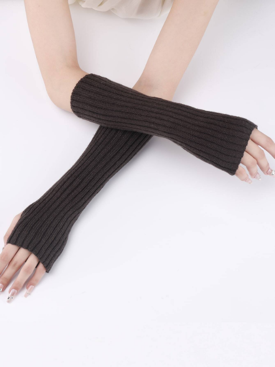 1 Pair Women's Warm Knitted Half Finger & Fingerless Arm Warmers With Faux Sleeves, Mid-length Striped Gray