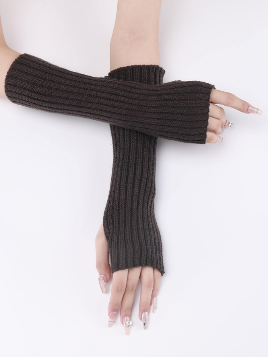 1 Pair Women's Warm Knitted Half Finger & Fingerless Arm Warmers With Faux Sleeves, Mid-length Striped Gray