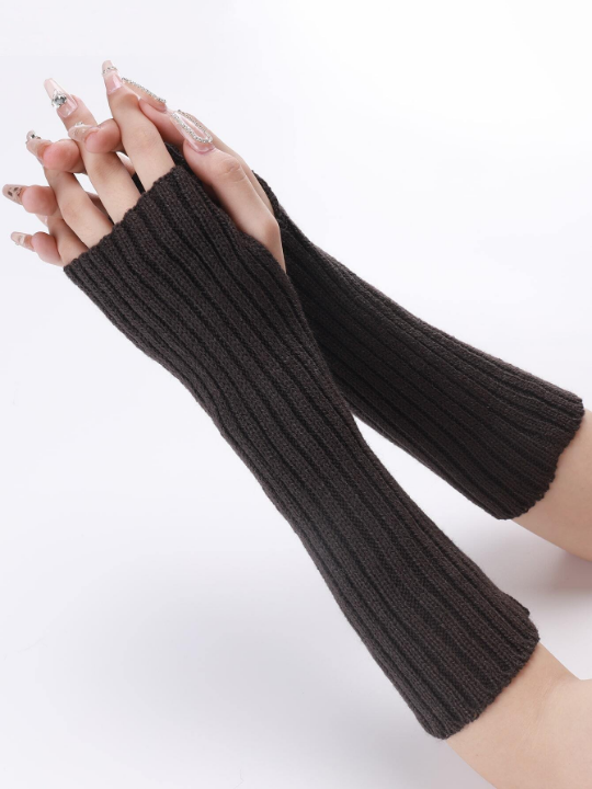 1 Pair Women's Warm Knitted Half Finger & Fingerless Arm Warmers With Faux Sleeves, Mid-length Striped Gray