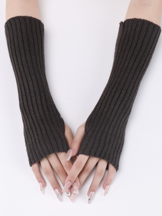 1 Pair Women's Warm Knitted Half Finger & Fingerless Arm Warmers With Faux Sleeves, Mid-length Striped Gray