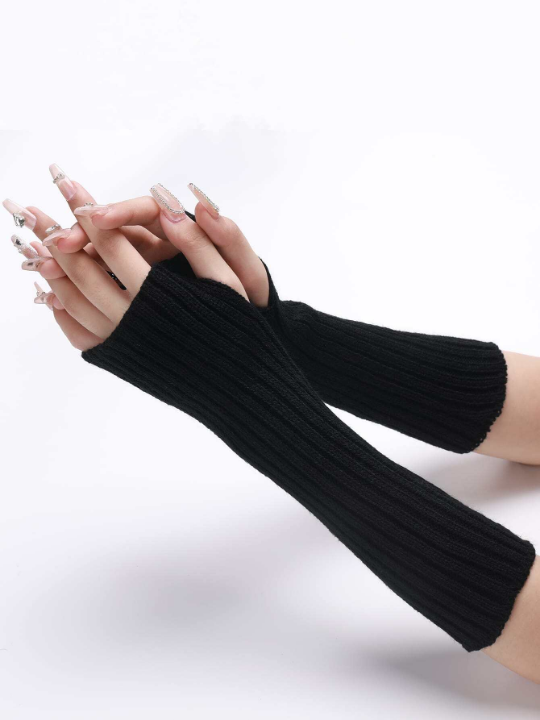 1 Pair Women's Striped Knitted Mid-length False Sleeve Warm Fashionable Knit Half-finger Exposed Arm Sleeves