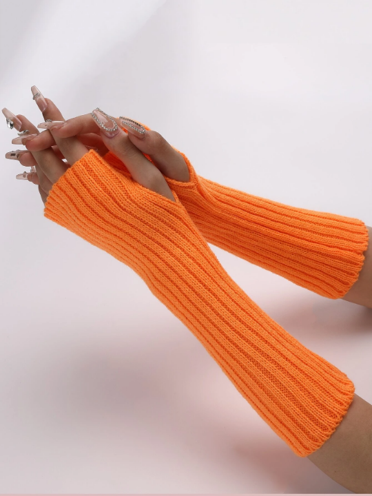 1 Pair Women's Orange Stripe Knitted Arm Warmer With Faux Sleeves, Fashionable And Warm