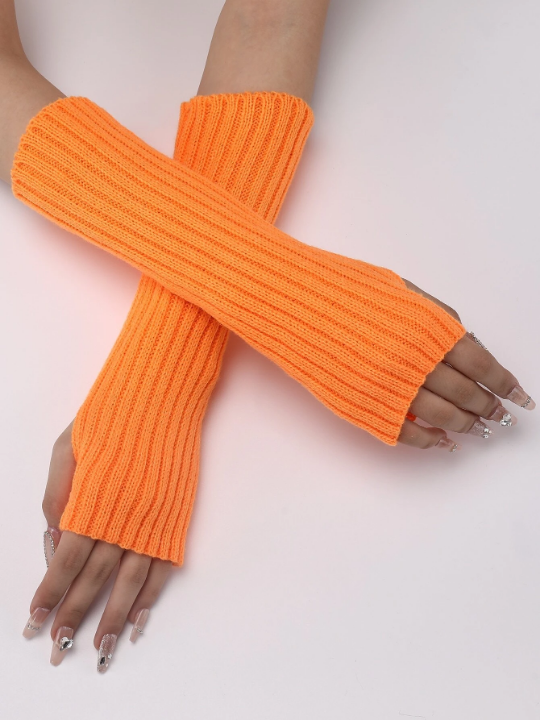 1 Pair Women's Orange Stripe Knitted Arm Warmer With Faux Sleeves, Fashionable And Warm