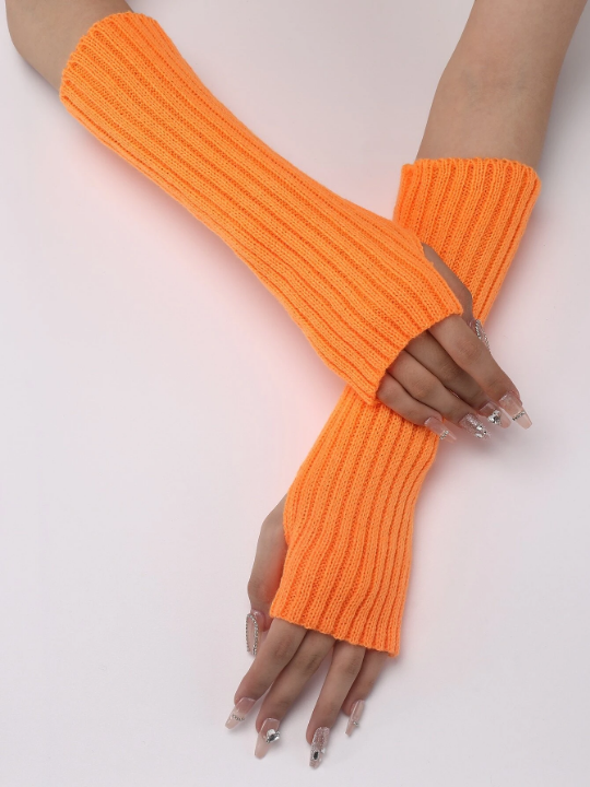 1 Pair Women's Orange Stripe Knitted Arm Warmer With Faux Sleeves, Fashionable And Warm