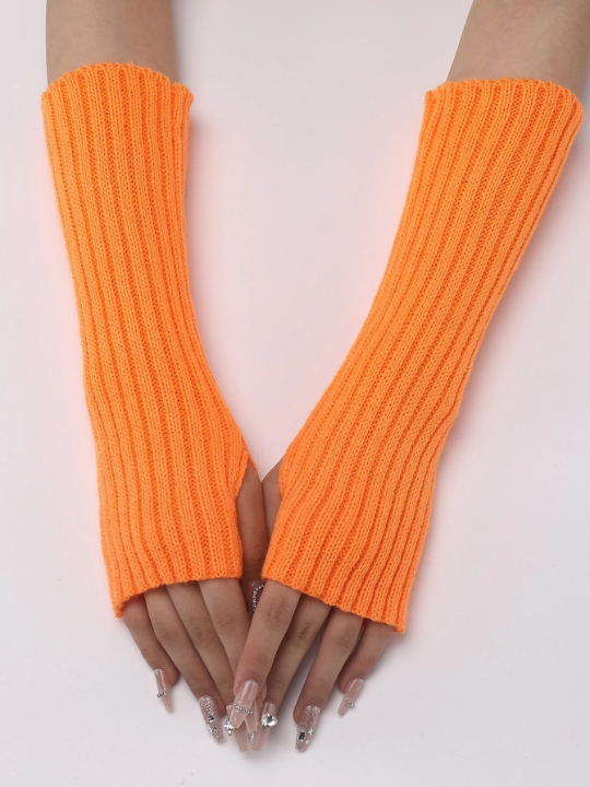 1 Pair Women's Orange Stripe Knitted Arm Warmer With Faux Sleeves, Fashionable And Warm
