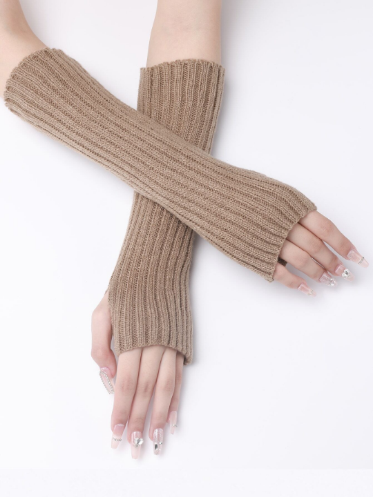 1 Pair Women's Khaki Striped Woolen Yarn Knitted Long False Sleeves Warm Half Finger Exposed Fingers Arm Warmer