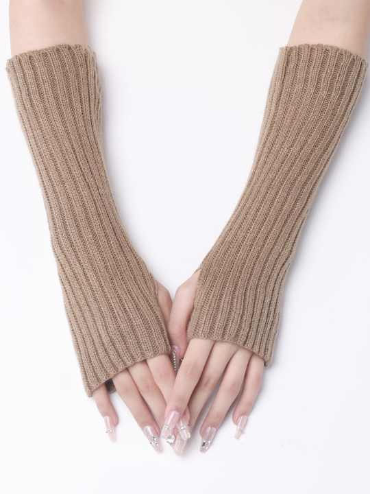 1 Pair Women's Khaki Striped Woolen Yarn Knitted Long False Sleeves Warm Half Finger Exposed Fingers Arm Warmer