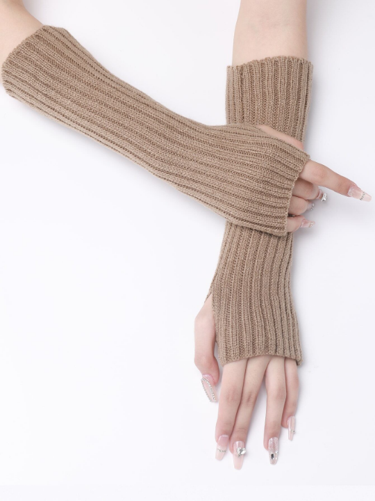 1 Pair Women's Khaki Striped Woolen Yarn Knitted Long False Sleeves Warm Half Finger Exposed Fingers Arm Warmer