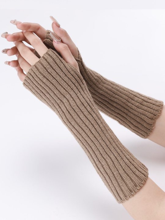 1 Pair Women's Khaki Striped Woolen Yarn Knitted Long False Sleeves Warm Half Finger Exposed Fingers Arm Warmer