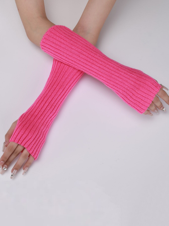 1 Pair Women's Knitted Arm Warmers With Faux Sleeves, Fingerless & Thumb Hole Design, Pink Stripes