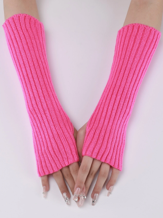 1 Pair Women's Knitted Arm Warmers With Faux Sleeves, Fingerless & Thumb Hole Design, Pink Stripes