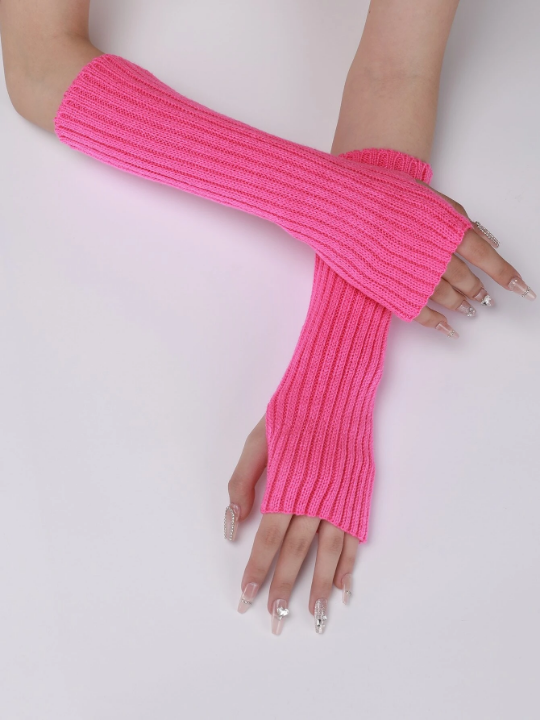 1 Pair Women's Knitted Arm Warmers With Faux Sleeves, Fingerless & Thumb Hole Design, Pink Stripes