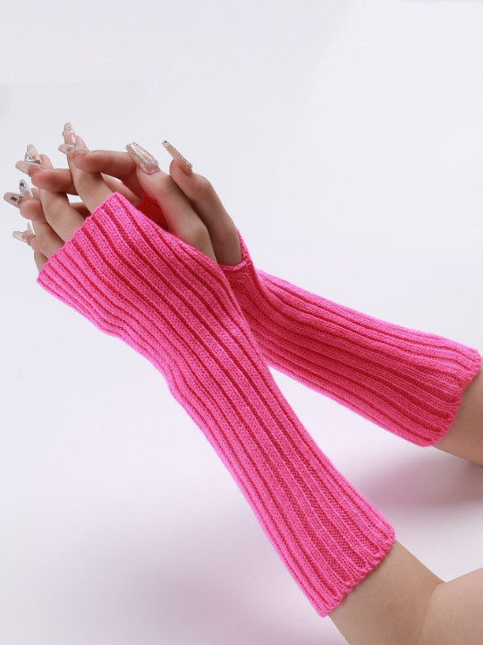 1 Pair Women's Knitted Arm Warmers With Faux Sleeves, Fingerless & Thumb Hole Design, Pink Stripes