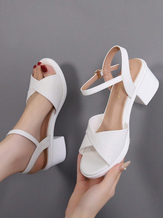 Women's Fashionable, Comfortable And Versatile Ankle Strap High Heel Sandals With Thick Heel In White, Suitable For Work And Daily Wear