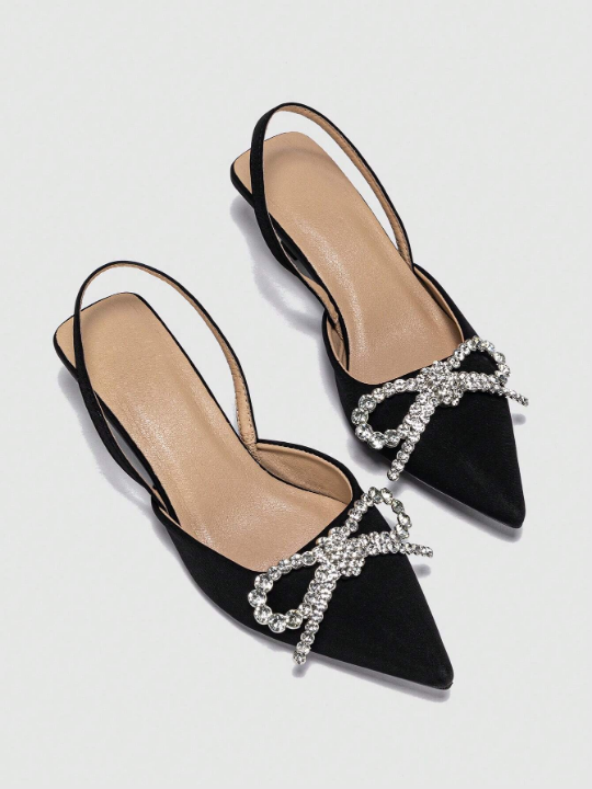 Women's Fashionable Party Charming Butterfly Shaped Rhinestone Decoration Pointed Toe Stiletto High Heels, Black