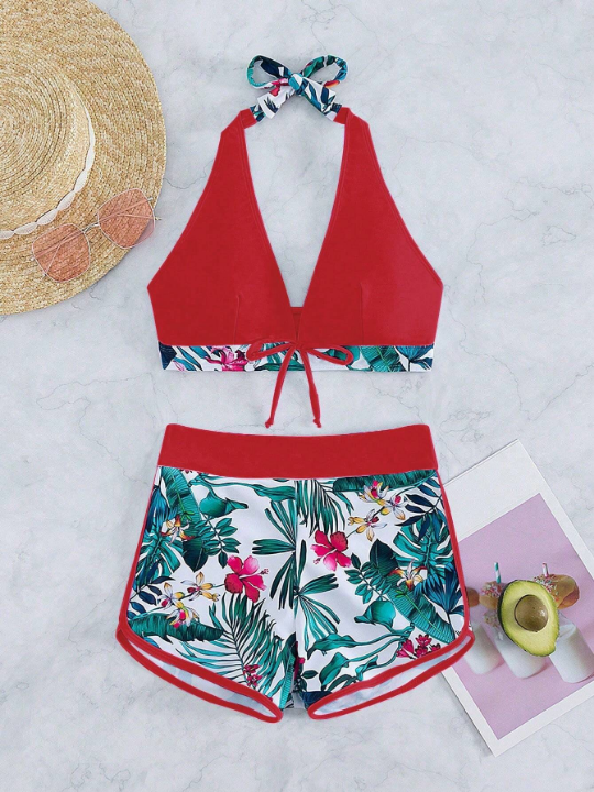 Tropical Print Halter Bikini Swimsuit