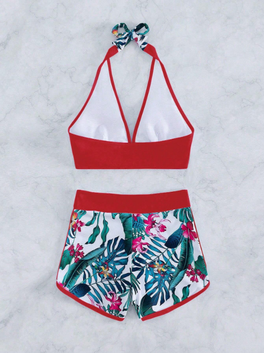 Tropical Print Halter Bikini Swimsuit