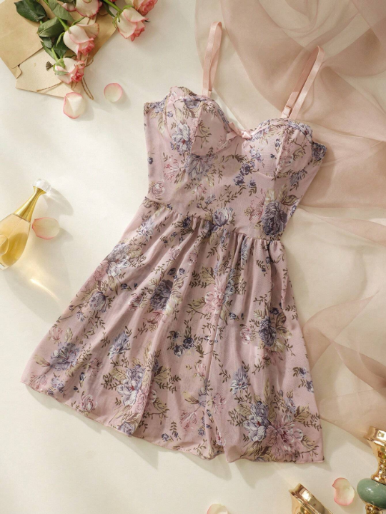 Floral Print Bow Front Mesh Cami Nightdress