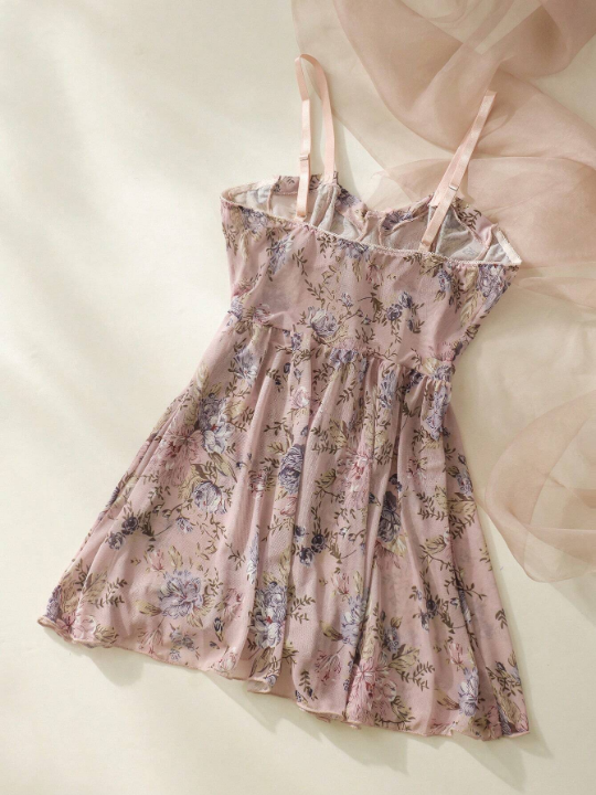 Floral Print Bow Front Mesh Cami Nightdress