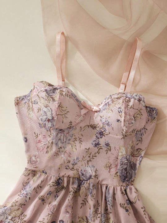 Floral Print Bow Front Mesh Cami Nightdress