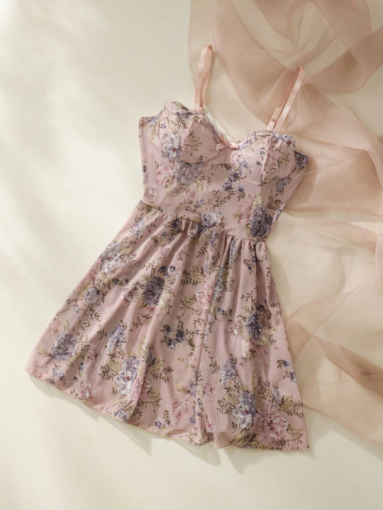 Floral Print Bow Front Mesh Cami Nightdress