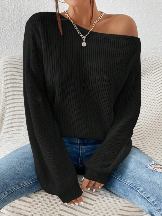 Essnce Solid Ribbed Knit Asymmetrical Shoulder Sweater