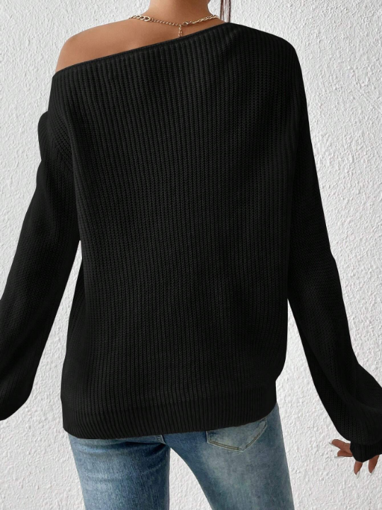 Essnce Solid Ribbed Knit Asymmetrical Shoulder Sweater