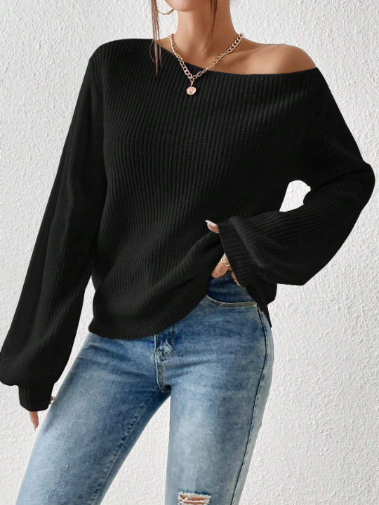 Essnce Solid Ribbed Knit Asymmetrical Shoulder Sweater